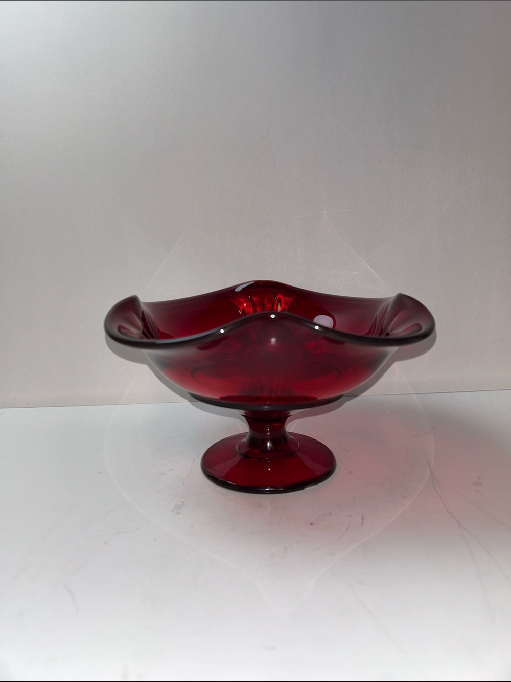 Viking Glass Ruby Red Ambrina Shine 4 Point Pedestal Ruffle Dish - Picture 7 of 15